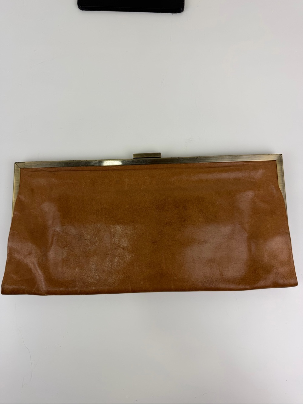HOBO Y2K Cognac Leather Frame Clutch Quiet Luxury Purse - Picture 2 of 10